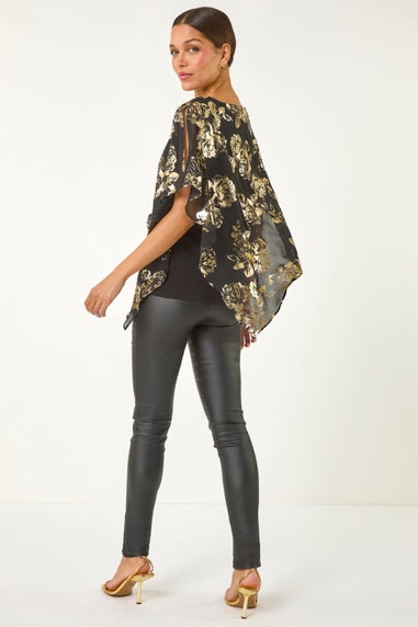 Roman Gold Floral Foil Asymmetric Overlay Top