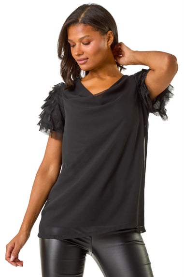 Roman Black Cowl Neck Shoulder Sequin Frill Top