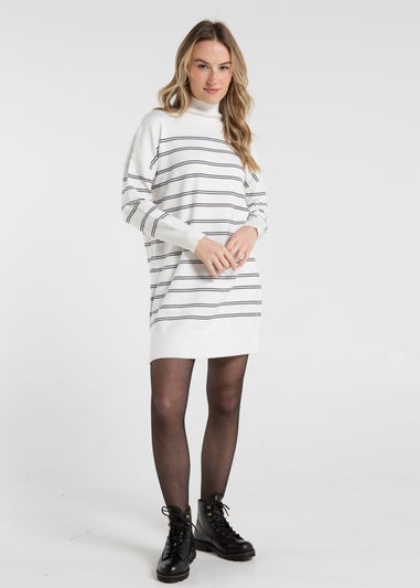 French Connection White High Neck Striped Jumper Dress