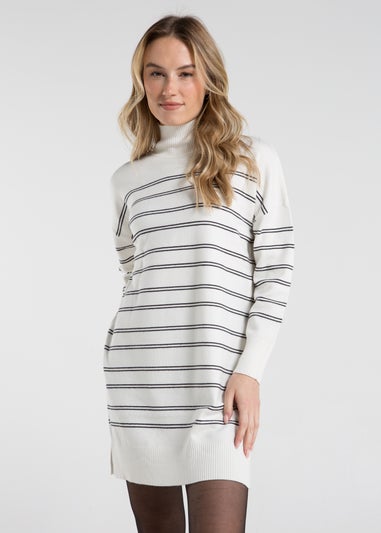 French Connection White High Neck Striped Jumper Dress