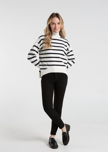 French Connection White Oversized High Neck Striped Jumper