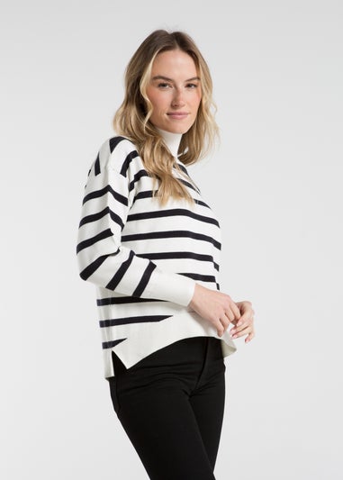 French Connection White Oversized High Neck Striped Jumper