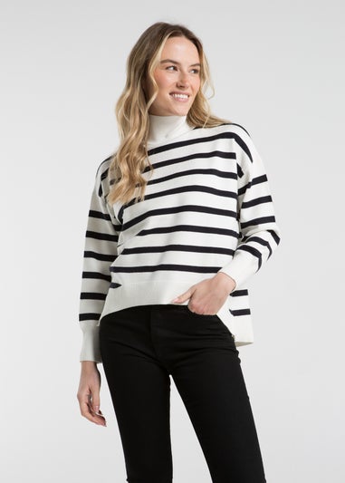 French Connection White Oversized High Neck Striped Jumper