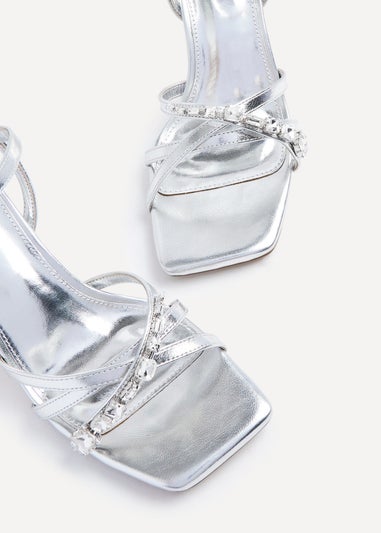 Linzi Eva Silver Faux Leather Diamante Embellished Heels