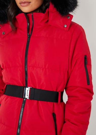 Threadbare Red Belted Padded Ski Jacket