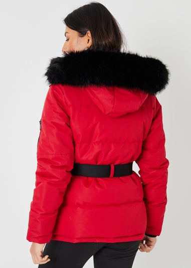 Threadbare Red Belted Padded Ski Jacket