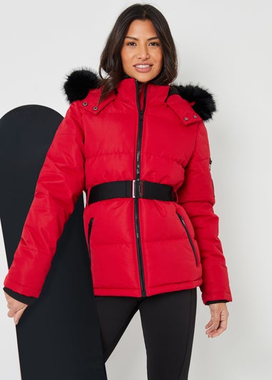 Threadbare Red Belted Padded Ski Jacket