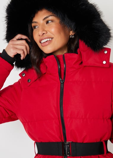 Threadbare Red Belted Padded Ski Jacket