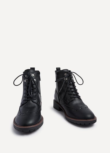 Linzi Kinsley Wide Fit Black Faux Leather Lace Up Military Boot