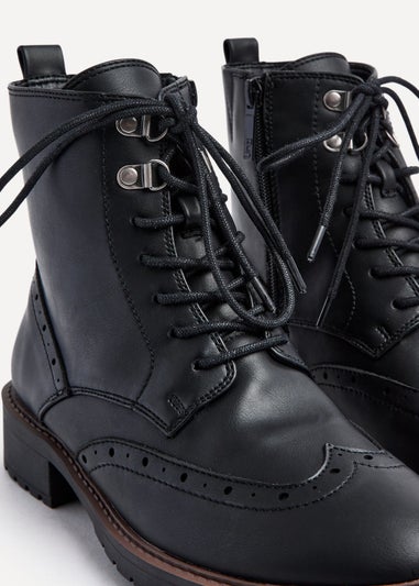 Linzi Kinsley Wide Fit Black Faux Leather Lace Up Military Boot