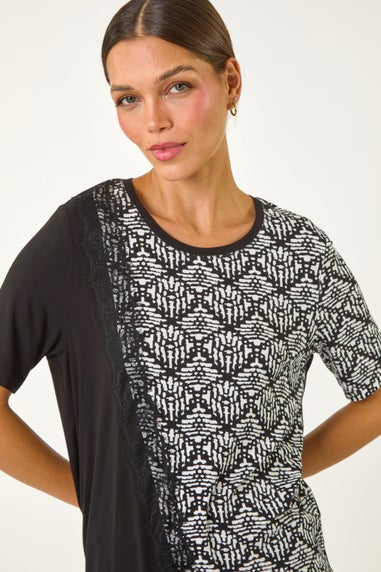 Roman Black Contrast Print Lace Trim Top