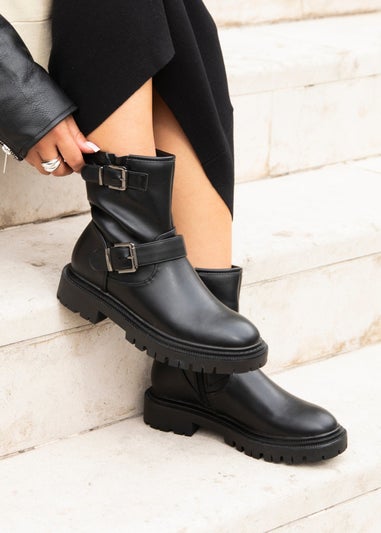 Linzi Trinity Black Faux Leather Biker Style Boot