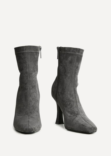 Linzi Lovato Grey Faux Suede Square Toe Heeled Sock Boot