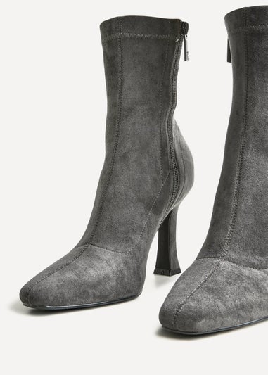 Linzi Lovato Grey Faux Suede Square Toe Heeled Sock Boot