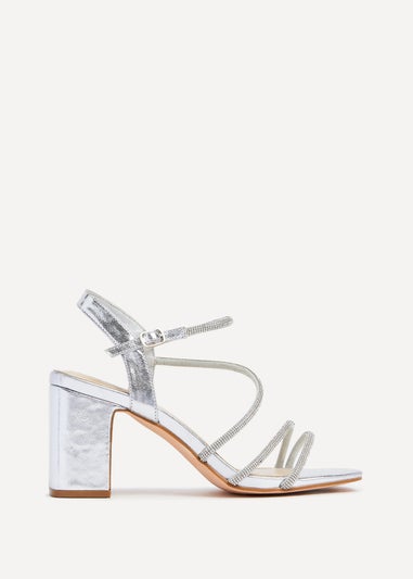 Linzi Kira Silver Faux Leather Strappy Diamante Block Heel