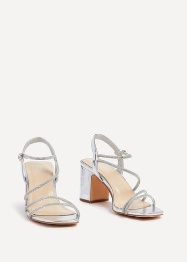 Linzi Kira Silver Faux Leather Strappy Diamante Block Heel