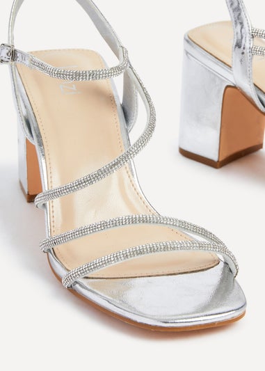 Linzi Kira Silver Faux Leather Strappy Diamante Block Heel