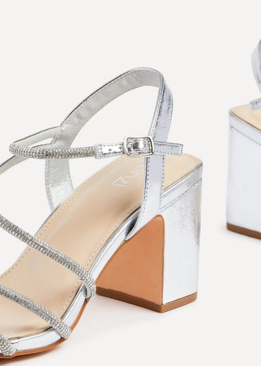 Linzi Kira Silver Faux Leather Strappy Diamante Block Heel