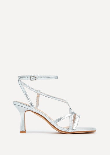 Linzi Ella Silver Faux Leather Strappy Square Toe Heeled Sandal