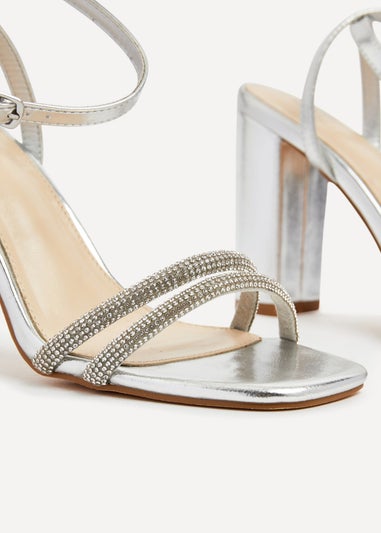 Linzi Imera Silver Double Diamante Strap Block Heeled Sandal