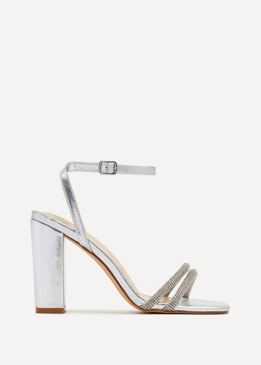 Linzi Imera Silver Double Diamante Strap Block Heeled Sandal