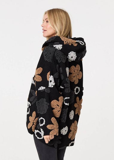 Izabel London Brown Textured Floral Longline Hoodie Coat