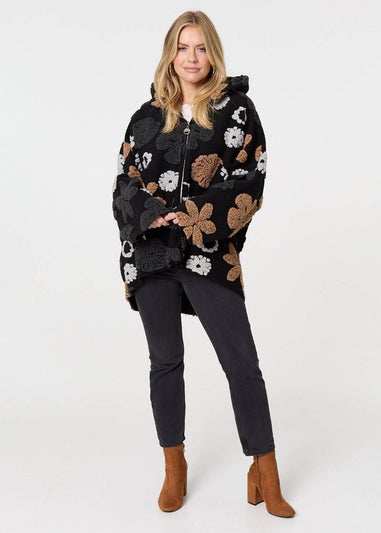 Izabel London Brown Textured Floral Longline Hoodie Coat