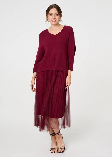 Izabel London Burgundy Layered Knit Top Mesh Pleated Midi Dress