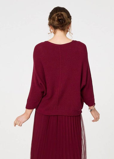 Izabel London Burgundy Layered Knit Top Mesh Pleated Midi Dress