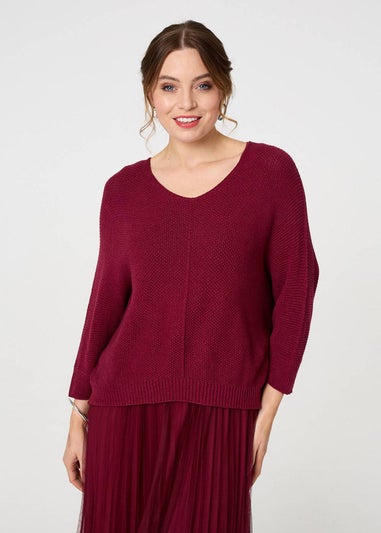 Izabel London Burgundy Layered Knit Top Mesh Pleated Midi Dress