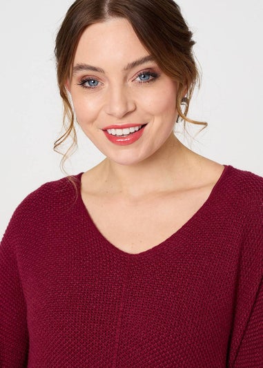 Izabel London Burgundy Layered Knit Top Mesh Pleated Midi Dress