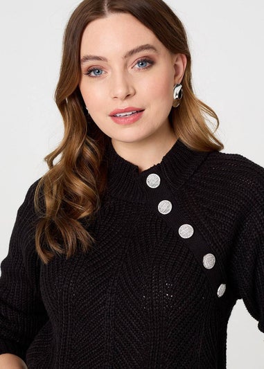 Izabel London Black Textured Knit Button Detail Jumper