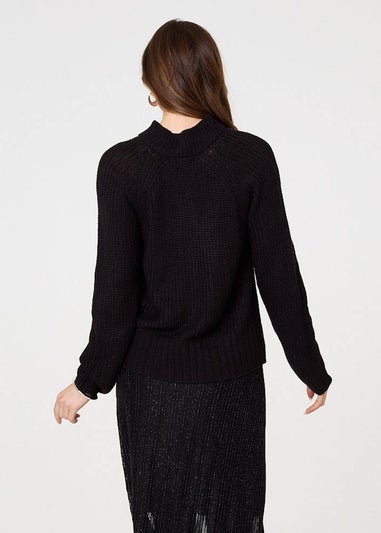 Izabel London Black Textured Knit Button Detail Jumper