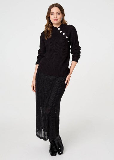 Izabel London Black Textured Knit Button Detail Jumper