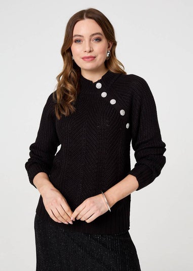 Izabel London Black Textured Knit Button Detail Jumper