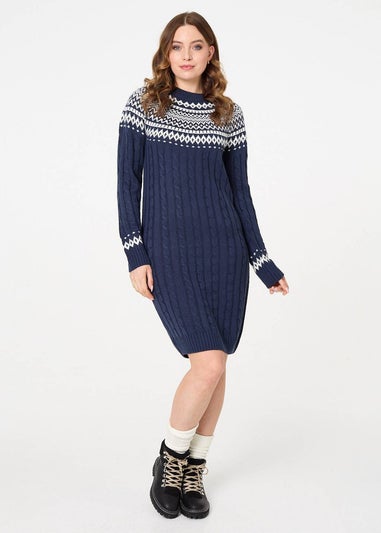 Izabel London Navy Aztec Print High Neck Midi Jumper Dress