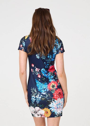 Izabel London Navy Floral Short Sleeve Short Shift Dress