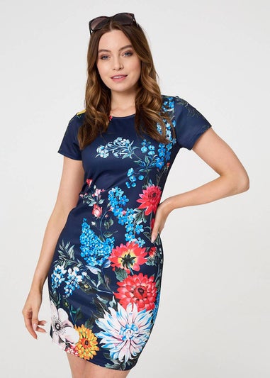 Izabel London Navy Floral Short Sleeve Short Shift Dress