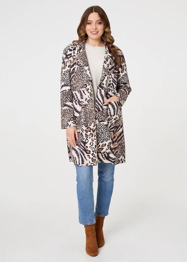 Izabel London Brown Animal Print Longline Blazer Coat