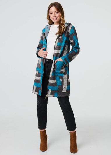 Izabel London Grey Geo Print Hooded Longline Zip-Up Jacket