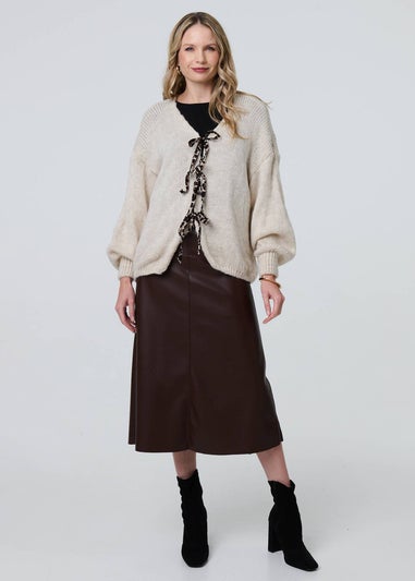 Izabel London Cream Animal Print Tie Balloon Sleeve Cardigan