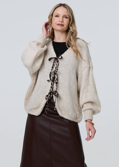 Izabel London Cream Animal Print Tie Balloon Sleeve Cardigan