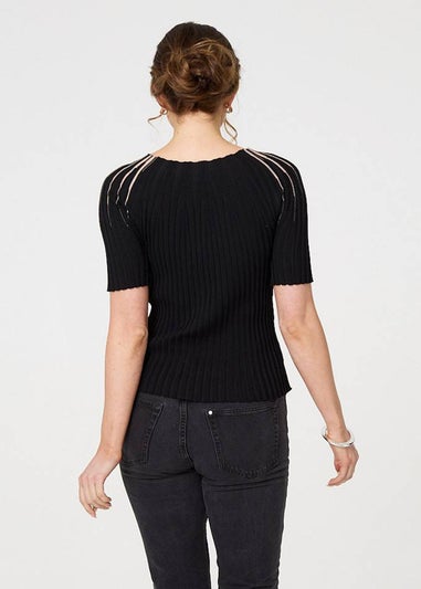 Izabel London Black Sequin Embellished Short Sleeve Knit Top