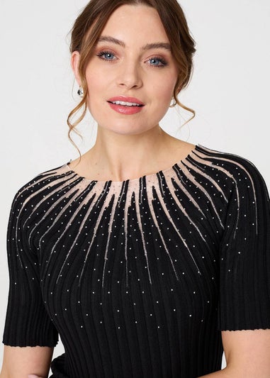 Izabel London Black Sequin Embellished Short Sleeve Knit Top