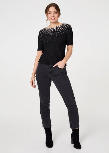 Izabel London Black Sequin Embellished Short Sleeve Knit Top