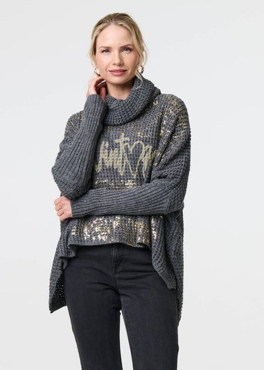 Izabel London Grey Graphic Print Metallic Roll Neck Jumper