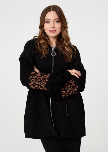 Izabel London Black Animal Print Zip Front Relaxed Hoodie