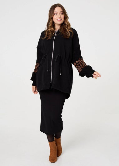 Izabel London Black Animal Print Zip Front Relaxed Hoodie