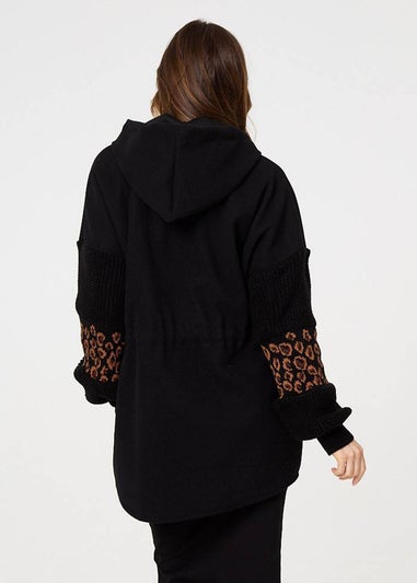 Izabel London Black Animal Print Zip Front Relaxed Hoodie