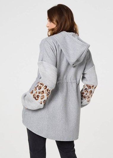 Izabel London Grey Animal Print Zip Front Relaxed Hoodie